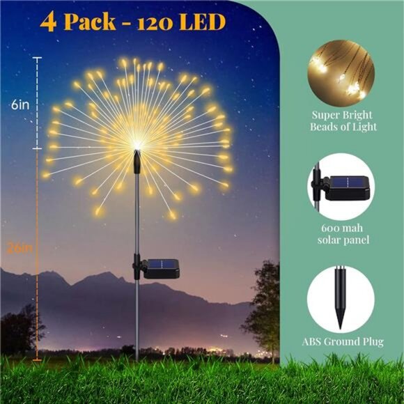 4 Pack Solar Firework Lights, Solar Garden Lights 120 Led, Waterproof Stake - Picture 5 of 7